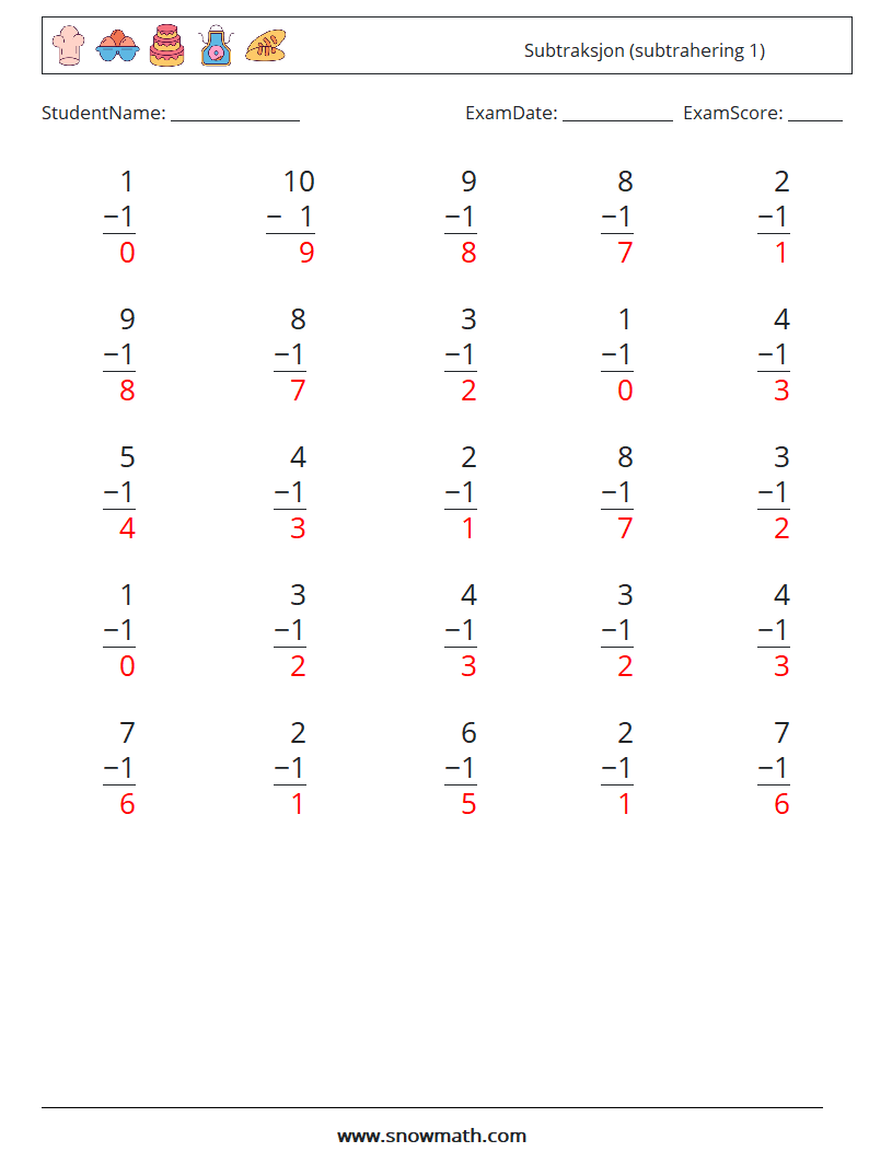 (25) Subtraksjon (subtrahering 1) MathWorksheets 6 QuestionAnswer