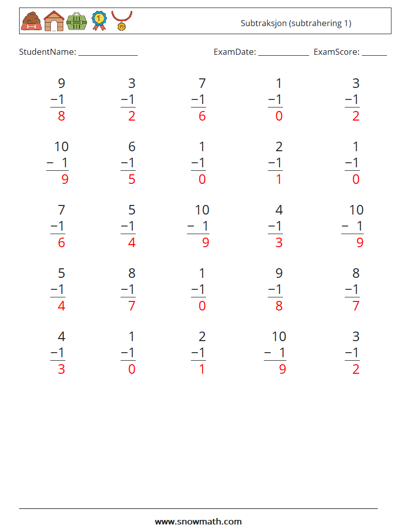 (25) Subtraksjon (subtrahering 1) MathWorksheets 7 QuestionAnswer