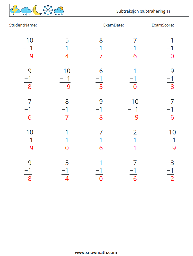 (25) Subtraksjon (subtrahering 1) MathWorksheets 8 QuestionAnswer