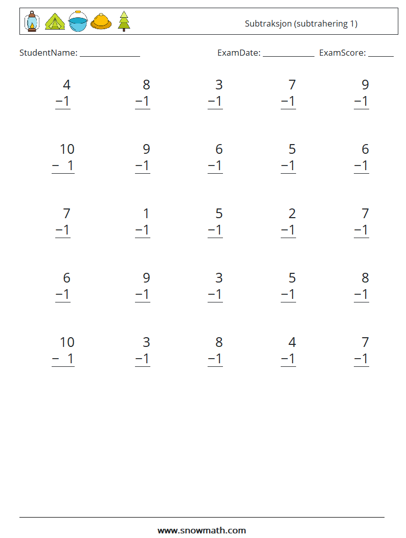 (25) Subtraksjon (subtrahering 1) MathWorksheets 9