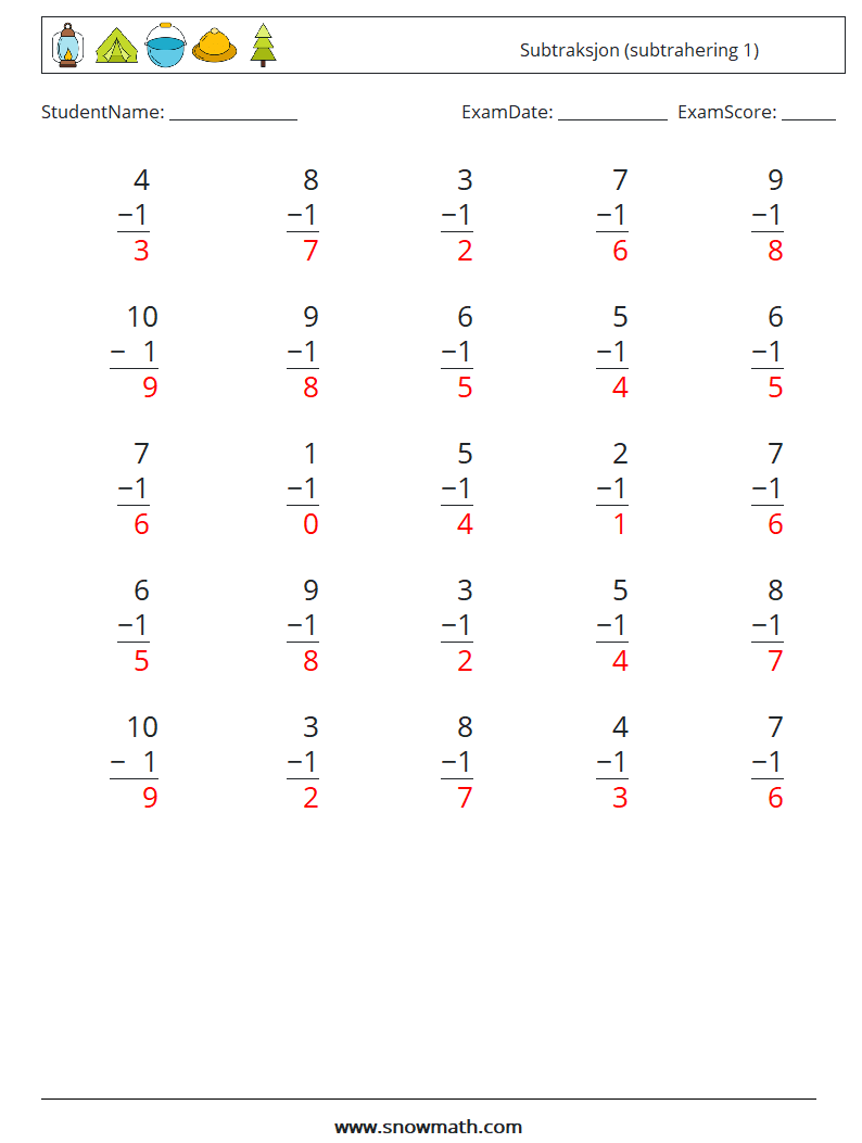 (25) Subtraksjon (subtrahering 1) MathWorksheets 9 QuestionAnswer