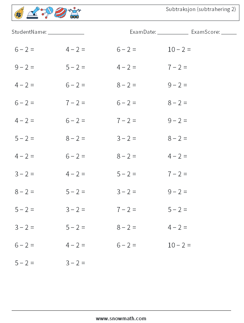 (50) Subtraksjon (subtrahering 2) MathWorksheets 2