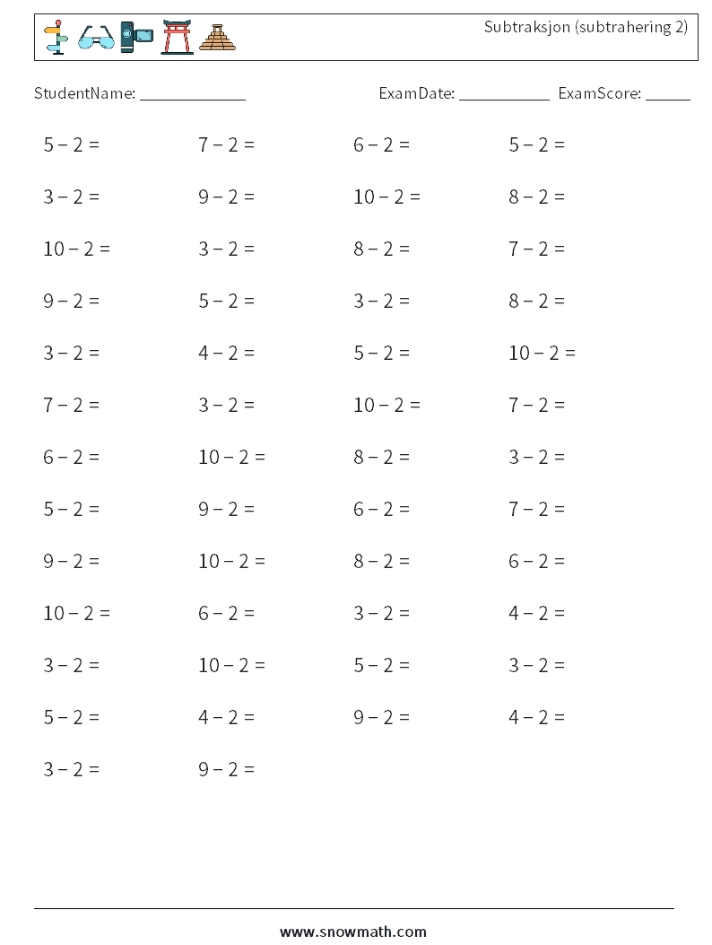 (50) Subtraksjon (subtrahering 2) MathWorksheets 8