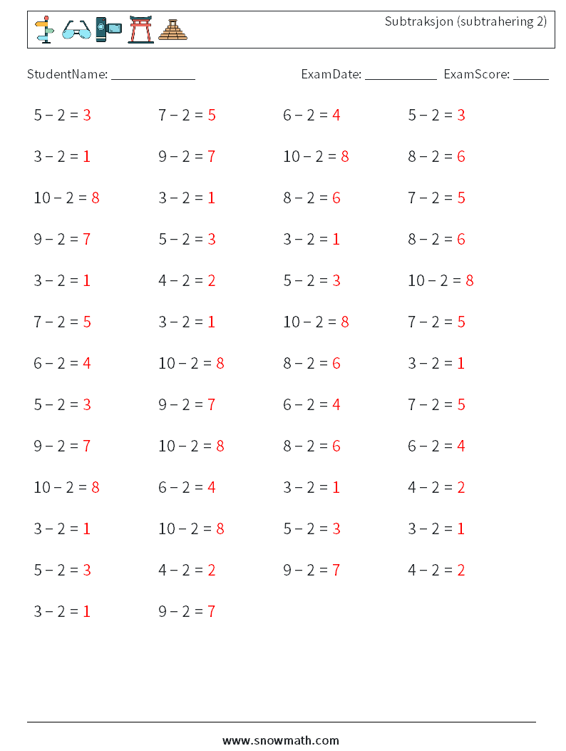 (50) Subtraksjon (subtrahering 2) MathWorksheets 8 QuestionAnswer