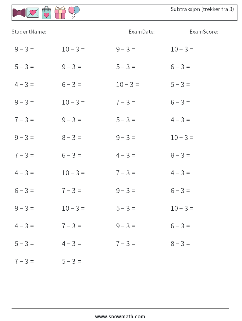 (50) Subtraksjon (trekker fra 3)