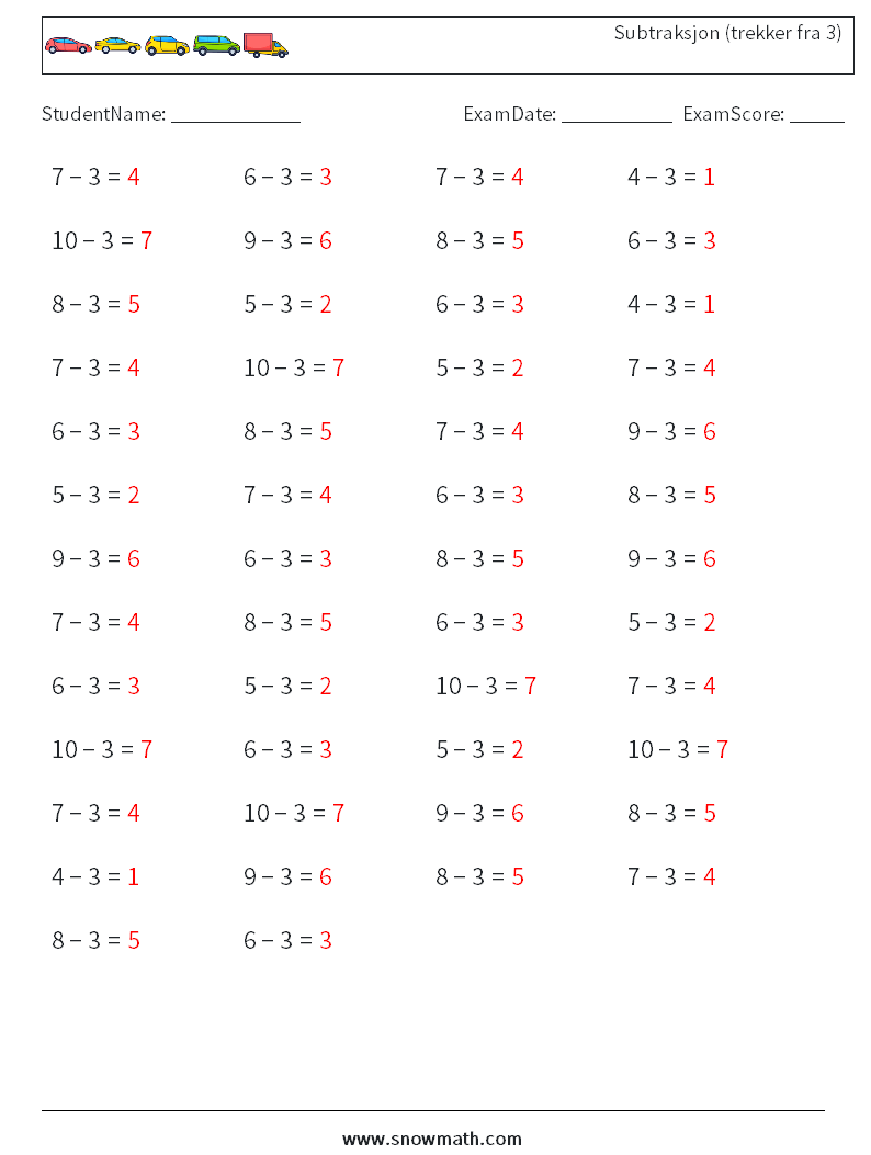 (50) Subtraksjon (trekker fra 3) MathWorksheets 3 QuestionAnswer