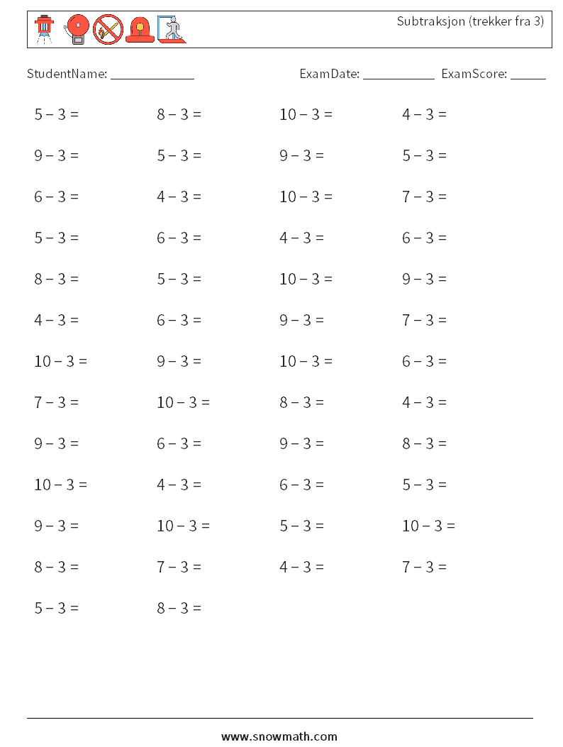 (50) Subtraksjon (trekker fra 3) MathWorksheets 4