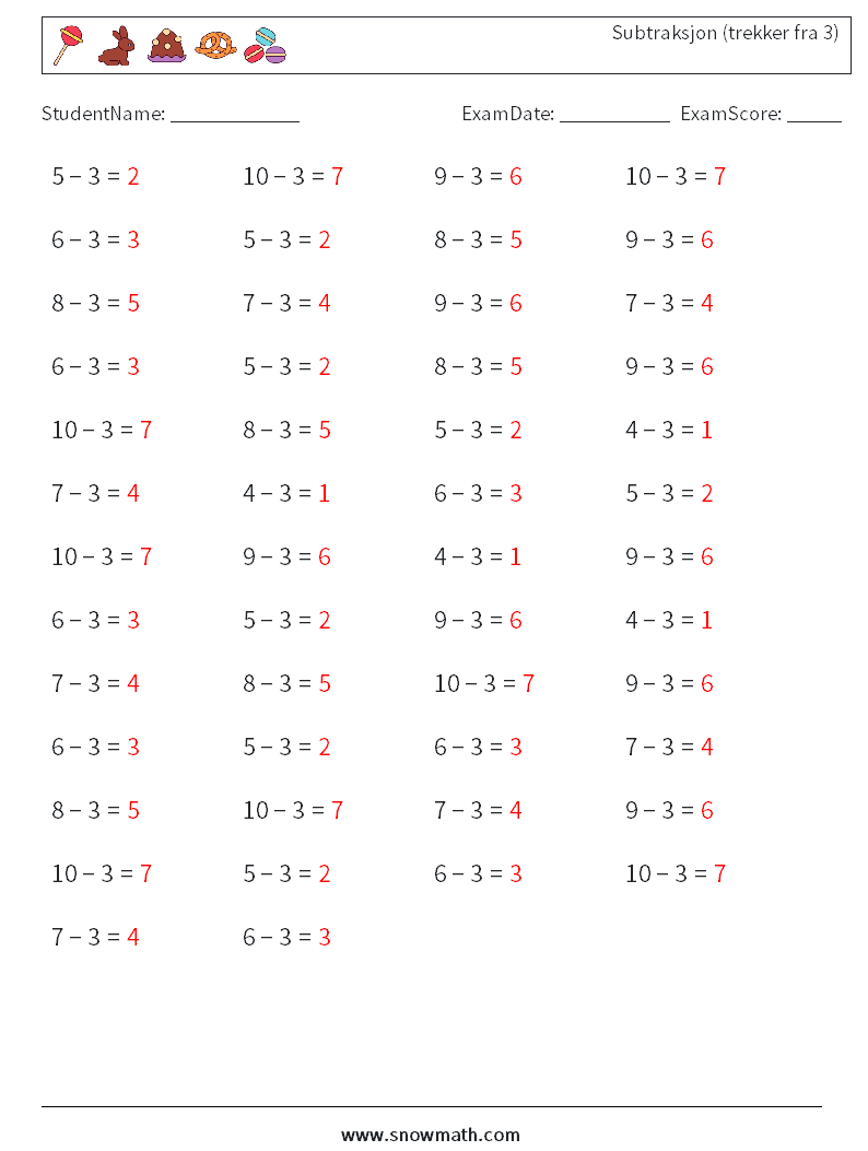 (50) Subtraksjon (trekker fra 3) MathWorksheets 5 QuestionAnswer