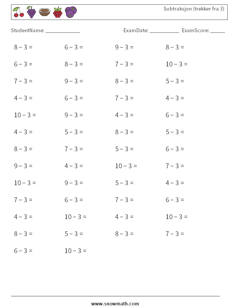 (50) Subtraksjon (trekker fra 3) MathWorksheets 6