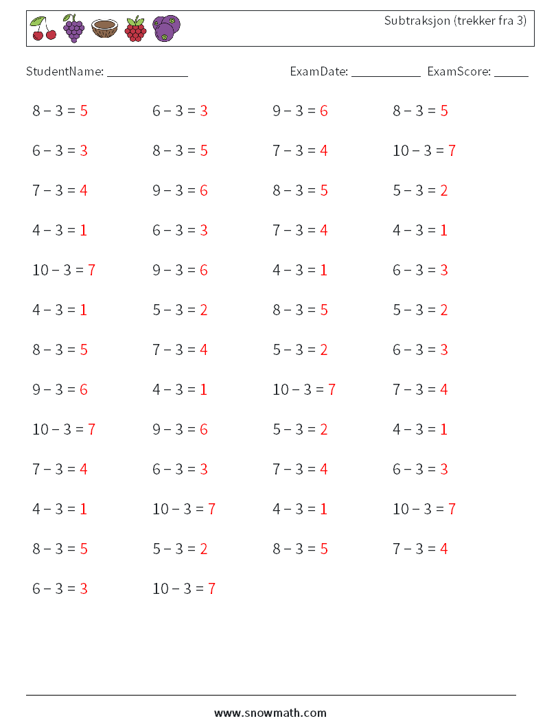 (50) Subtraksjon (trekker fra 3) MathWorksheets 6 QuestionAnswer