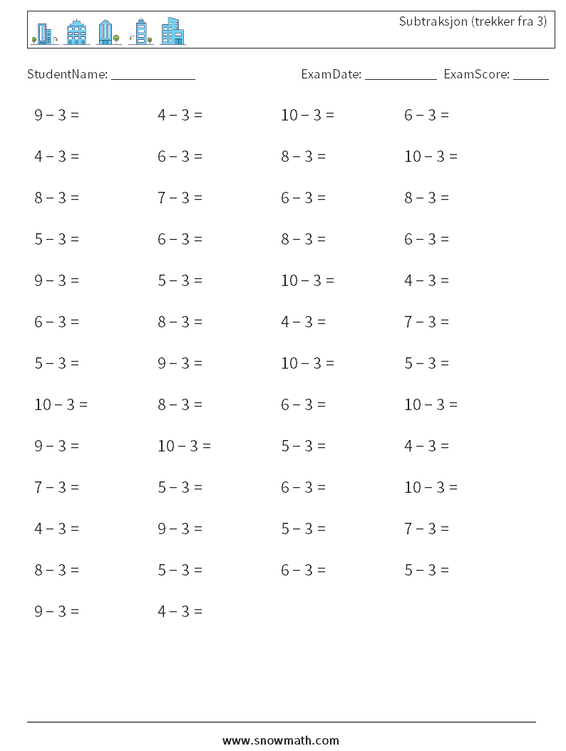 (50) Subtraksjon (trekker fra 3) MathWorksheets 7