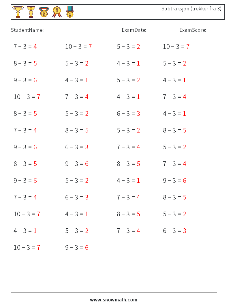 (50) Subtraksjon (trekker fra 3) MathWorksheets 8 QuestionAnswer