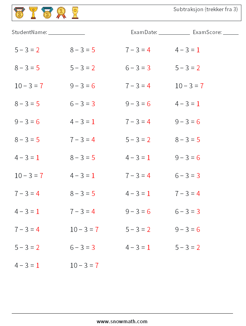 (50) Subtraksjon (trekker fra 3) MathWorksheets 9 QuestionAnswer