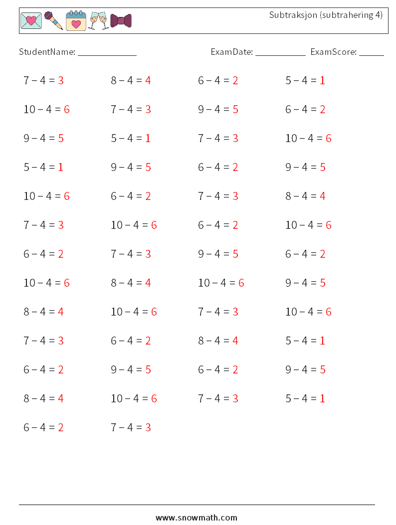 (50) Subtraksjon (subtrahering 4) MathWorksheets 3 QuestionAnswer