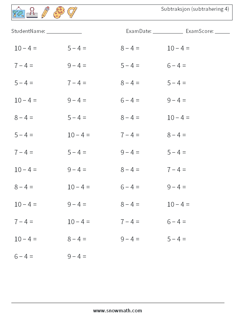 (50) Subtraksjon (subtrahering 4) MathWorksheets 5