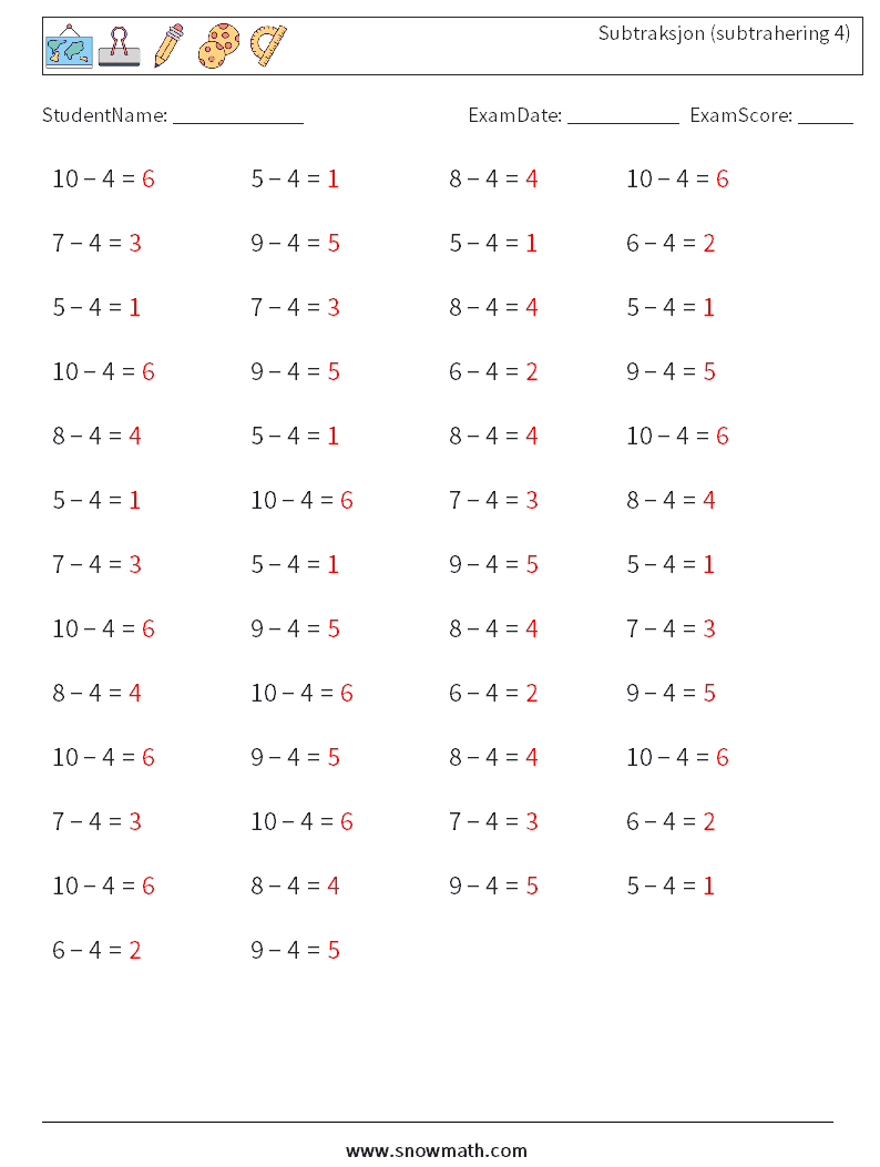 (50) Subtraksjon (subtrahering 4) MathWorksheets 5 QuestionAnswer