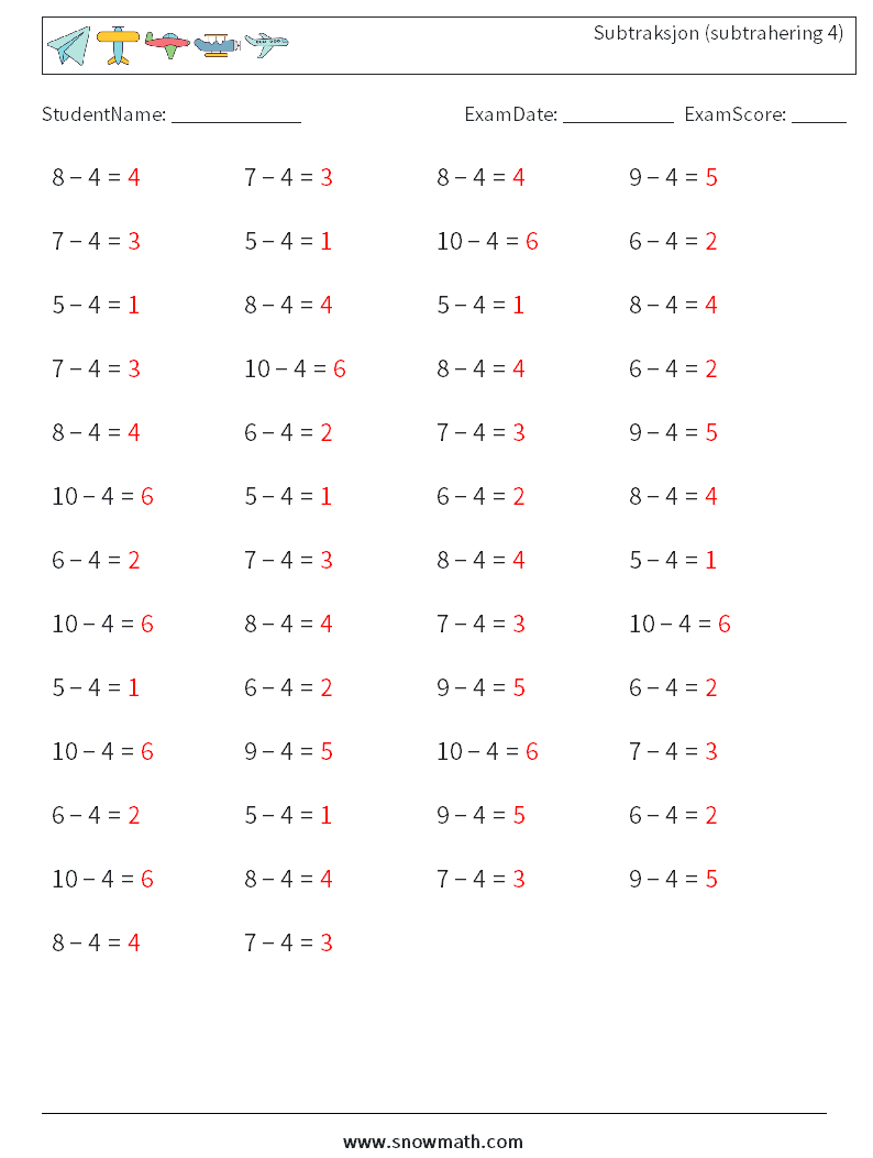 (50) Subtraksjon (subtrahering 4) MathWorksheets 6 QuestionAnswer