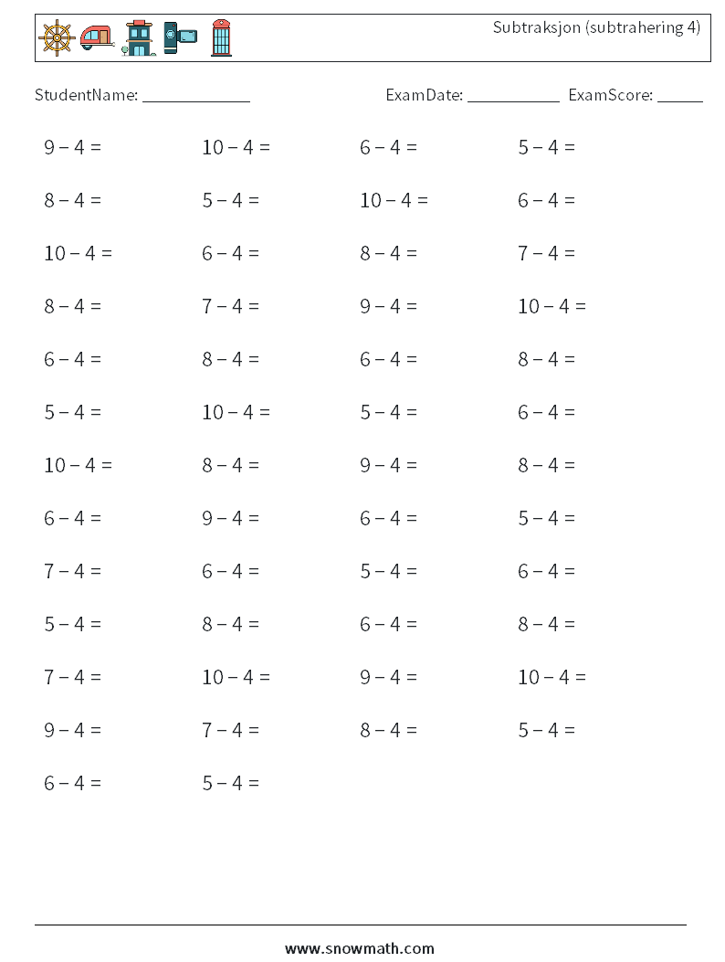 (50) Subtraksjon (subtrahering 4) MathWorksheets 7