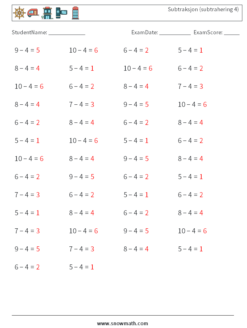 (50) Subtraksjon (subtrahering 4) MathWorksheets 7 QuestionAnswer