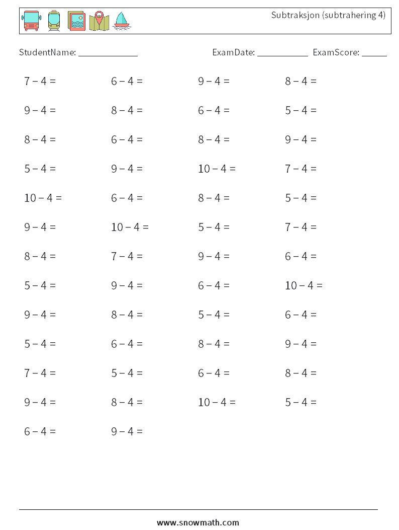 (50) Subtraksjon (subtrahering 4) MathWorksheets 8