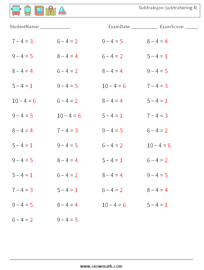 (50) Subtraksjon (subtrahering 4) MathWorksheets 8 QuestionAnswer