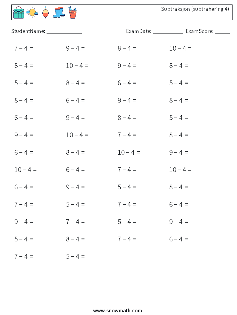 (50) Subtraksjon (subtrahering 4) MathWorksheets 9