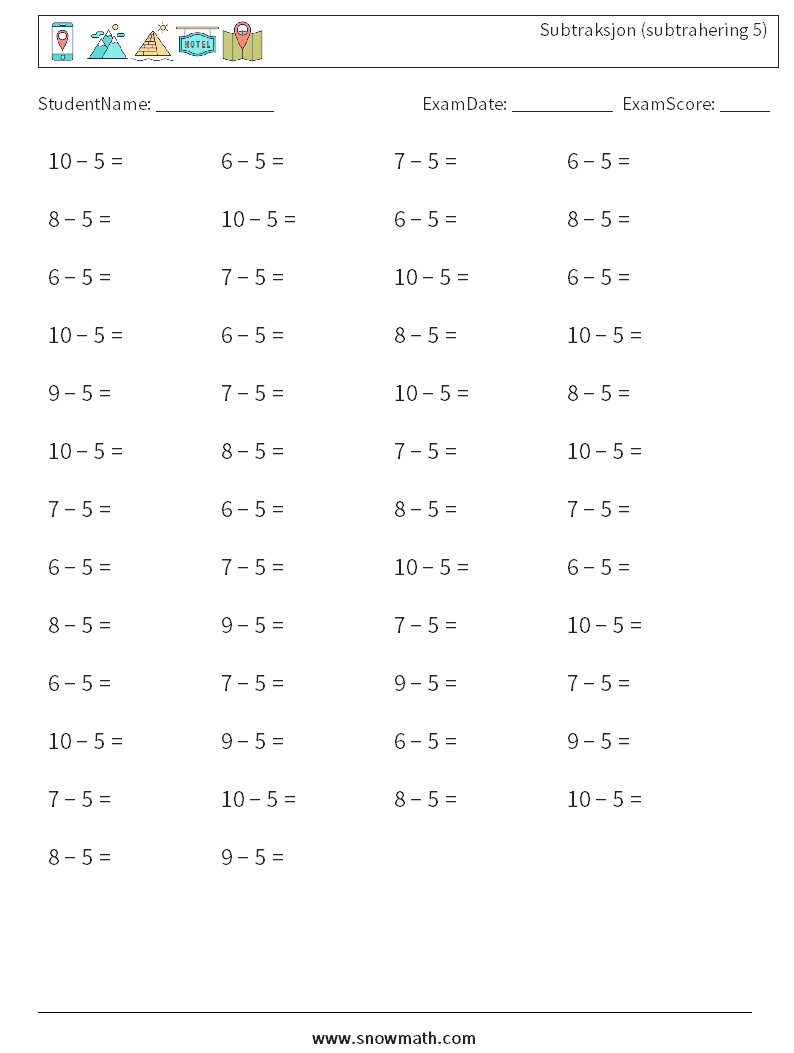 (50) Subtraksjon (subtrahering 5) MathWorksheets 3