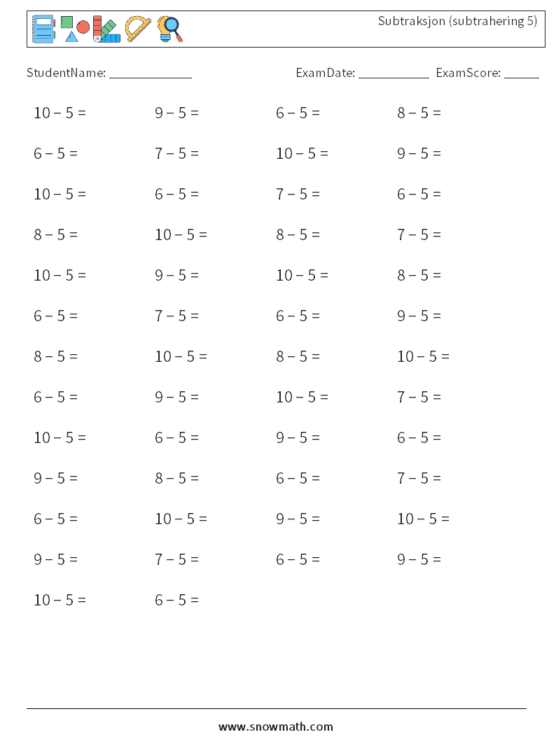 (50) Subtraksjon (subtrahering 5) MathWorksheets 4