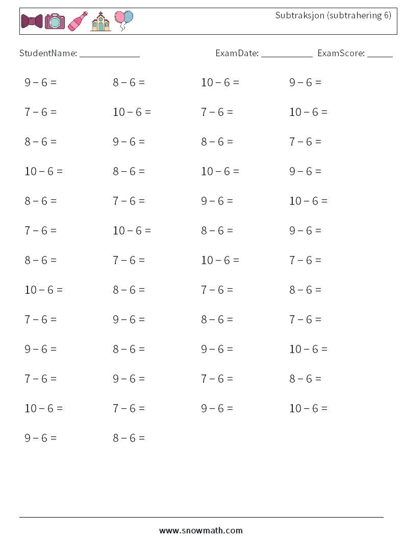 (50) Subtraksjon (subtrahering 6) MathWorksheets 2