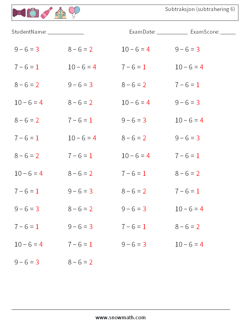 (50) Subtraksjon (subtrahering 6) MathWorksheets 2 QuestionAnswer