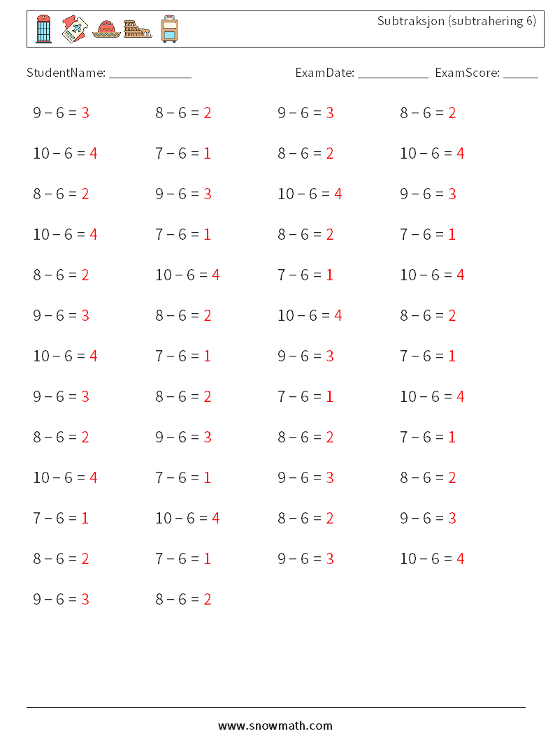 (50) Subtraksjon (subtrahering 6) MathWorksheets 4 QuestionAnswer