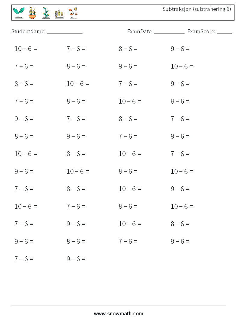 (50) Subtraksjon (subtrahering 6) MathWorksheets 5