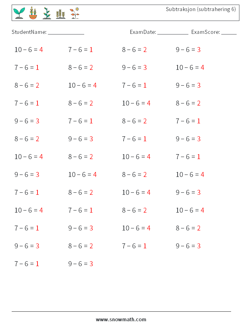 (50) Subtraksjon (subtrahering 6) MathWorksheets 5 QuestionAnswer