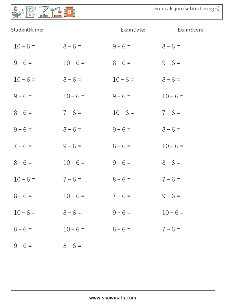 (50) Subtraksjon (subtrahering 6) MathWorksheets 6