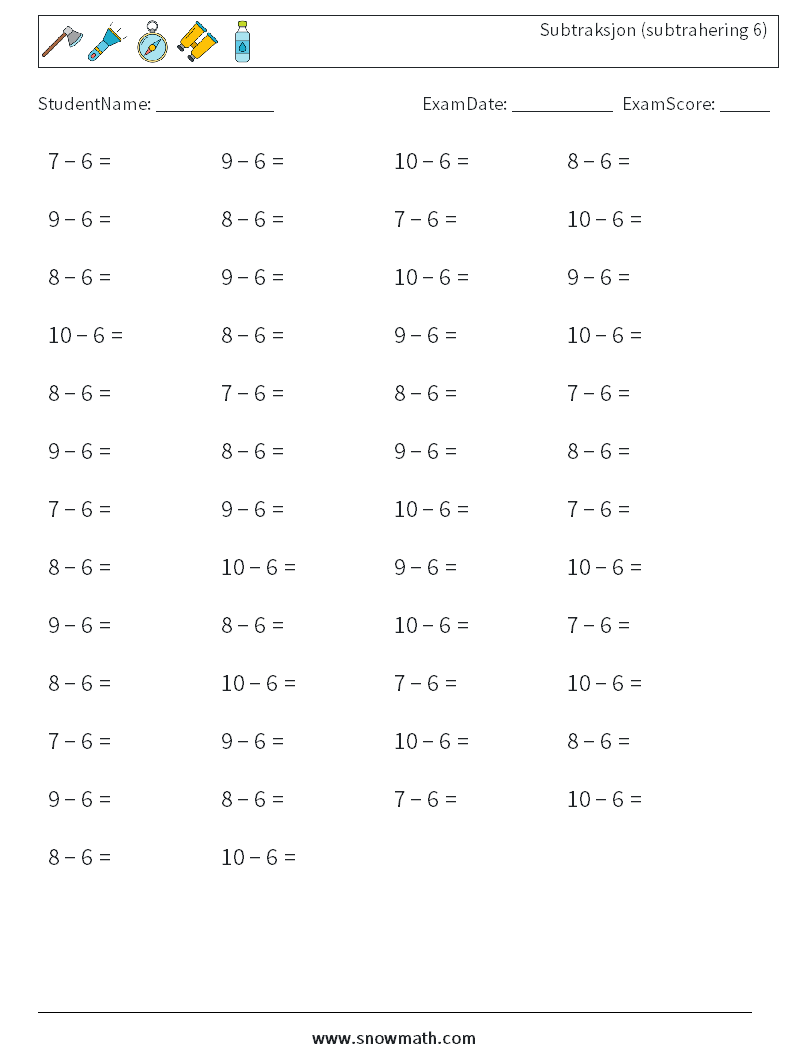 (50) Subtraksjon (subtrahering 6) MathWorksheets 7