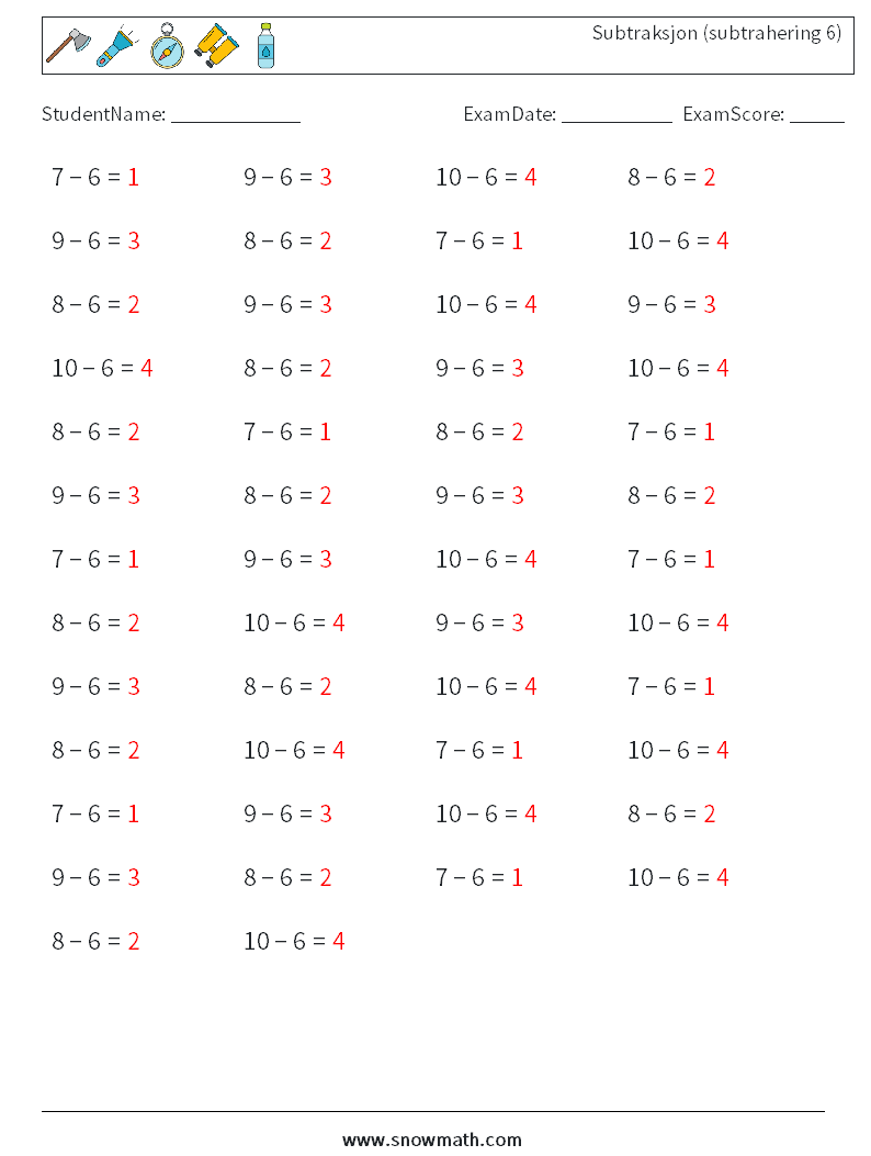 (50) Subtraksjon (subtrahering 6) MathWorksheets 7 QuestionAnswer