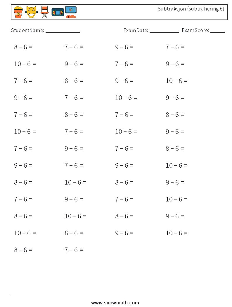 (50) Subtraksjon (subtrahering 6) MathWorksheets 8