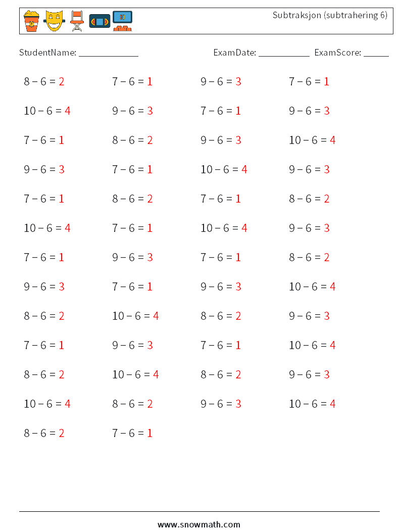(50) Subtraksjon (subtrahering 6) MathWorksheets 8 QuestionAnswer