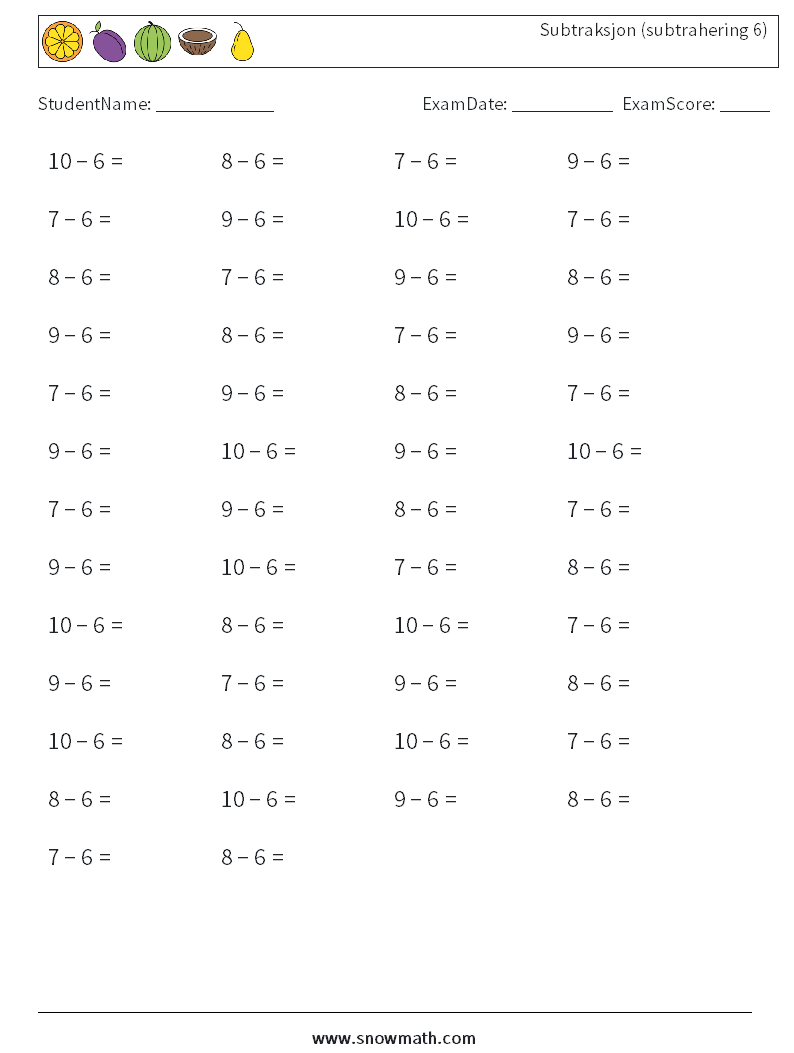 (50) Subtraksjon (subtrahering 6) MathWorksheets 9