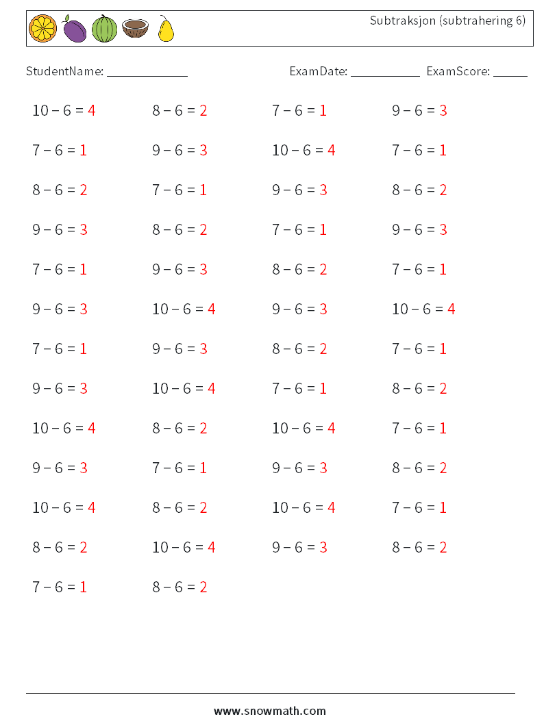 (50) Subtraksjon (subtrahering 6) MathWorksheets 9 QuestionAnswer