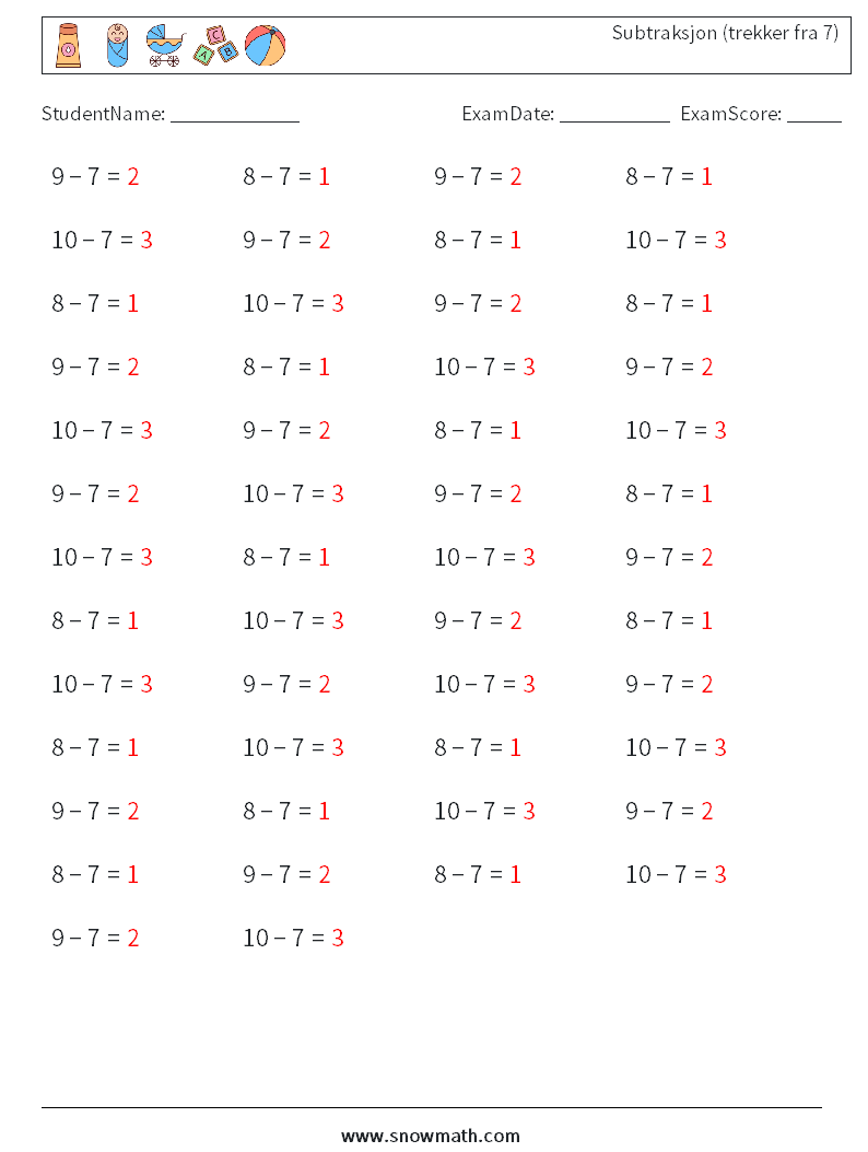 (50) Subtraksjon (trekker fra 7) MathWorksheets 1 QuestionAnswer
