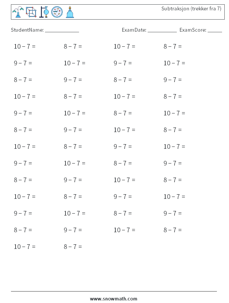 (50) Subtraksjon (trekker fra 7) MathWorksheets 2