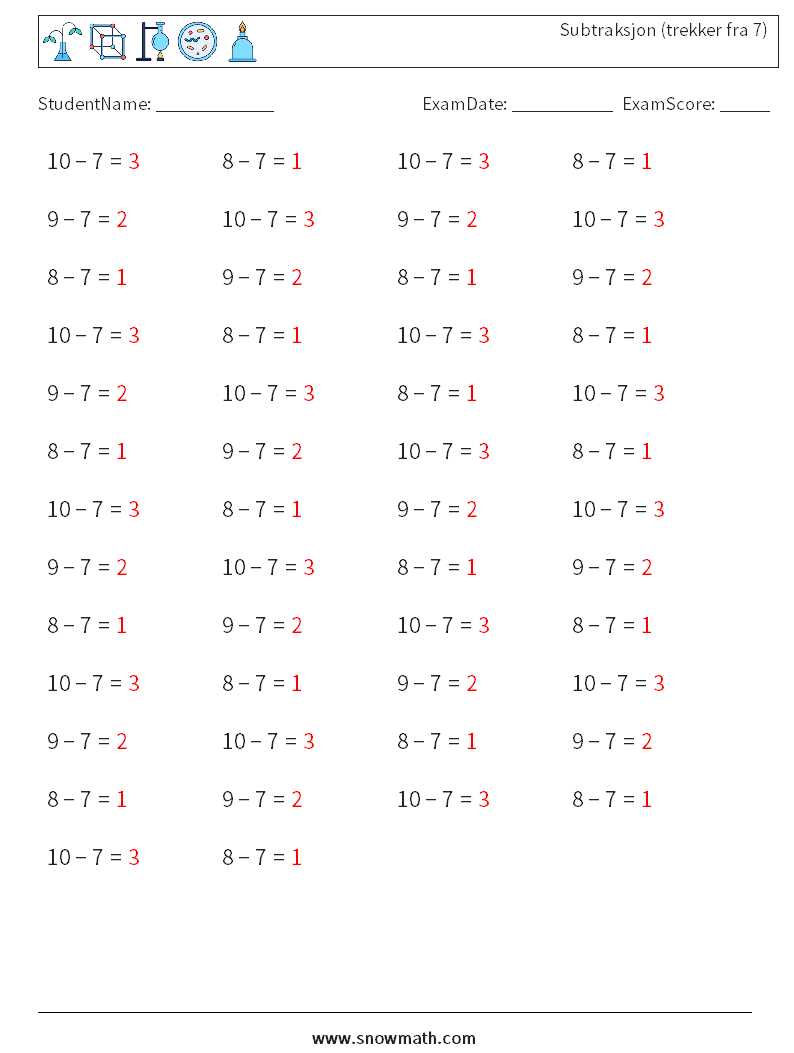 (50) Subtraksjon (trekker fra 7) MathWorksheets 2 QuestionAnswer