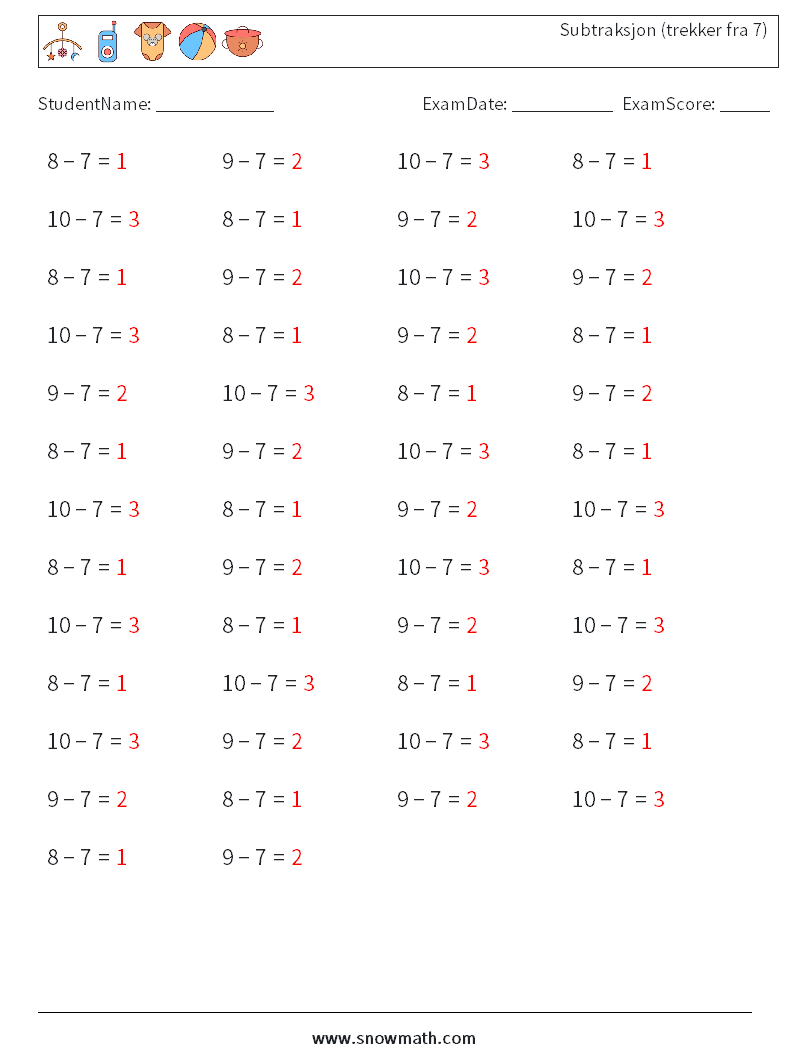 (50) Subtraksjon (trekker fra 7) MathWorksheets 3 QuestionAnswer