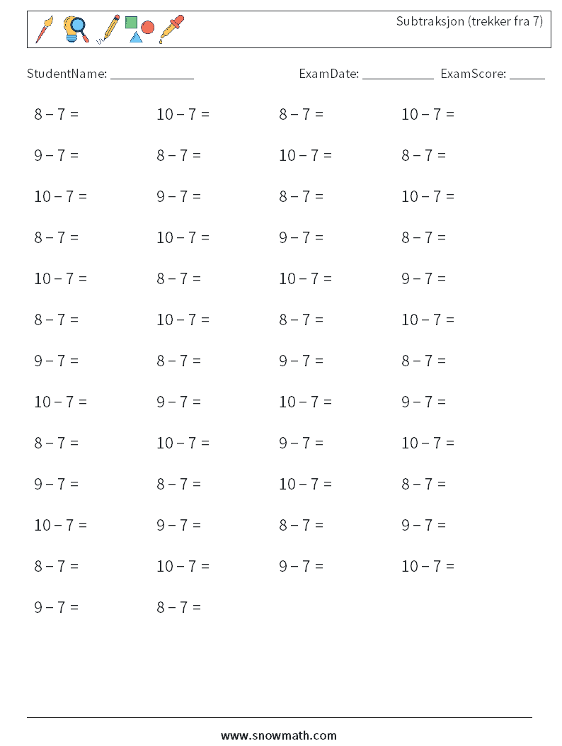 (50) Subtraksjon (trekker fra 7) MathWorksheets 5