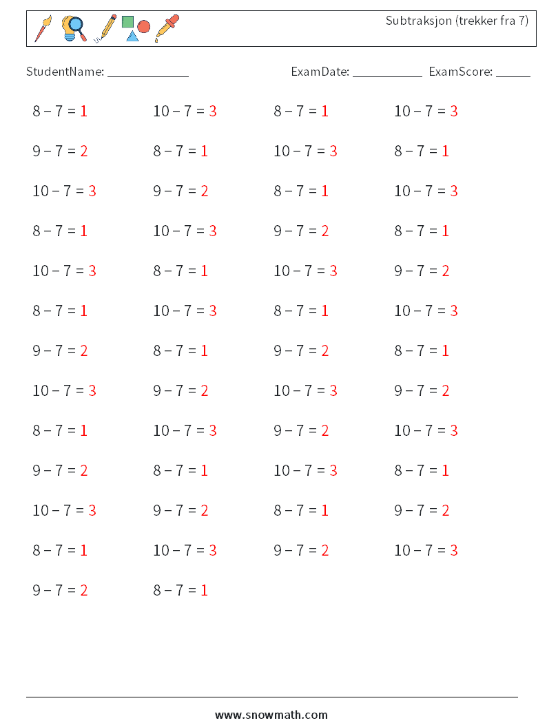 (50) Subtraksjon (trekker fra 7) MathWorksheets 5 QuestionAnswer