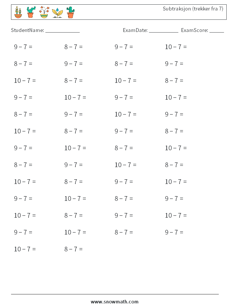 (50) Subtraksjon (trekker fra 7) MathWorksheets 6