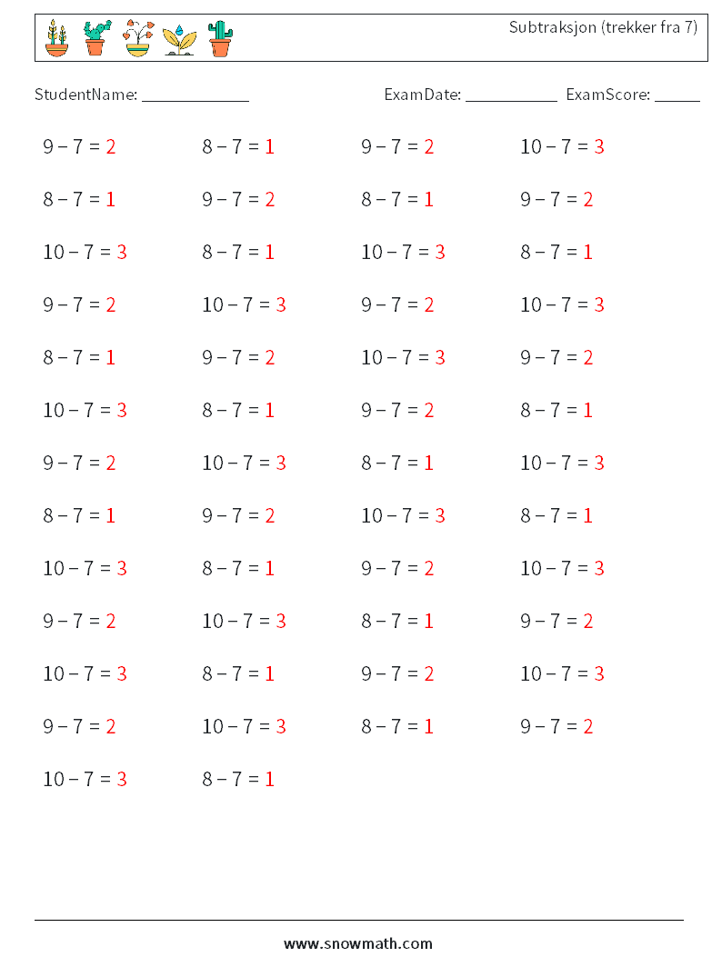 (50) Subtraksjon (trekker fra 7) MathWorksheets 6 QuestionAnswer
