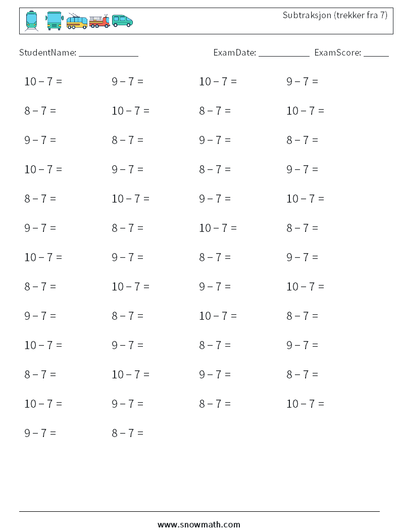 (50) Subtraksjon (trekker fra 7) MathWorksheets 7