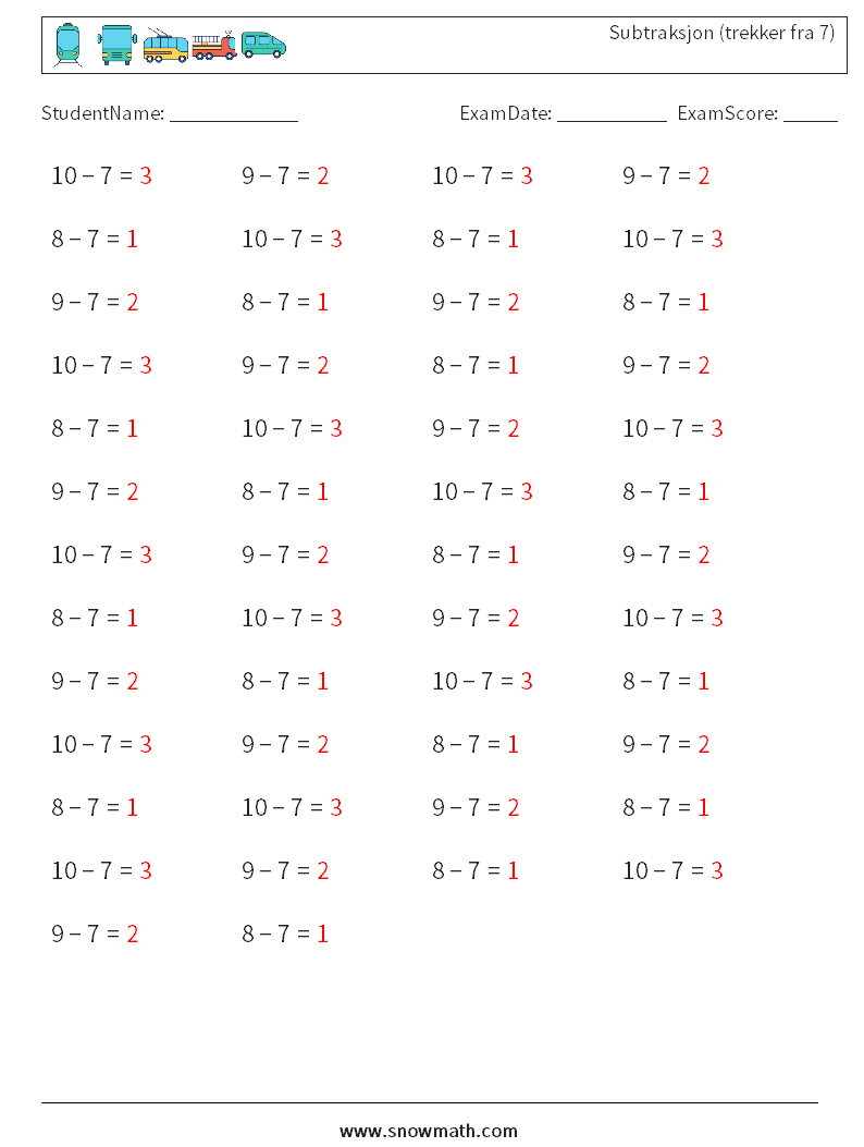 (50) Subtraksjon (trekker fra 7) MathWorksheets 7 QuestionAnswer
